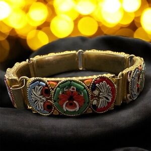 Vintage Millefiori Bracelet  Multicolor Micro Mosaic Floral Panels Goldtone 8"